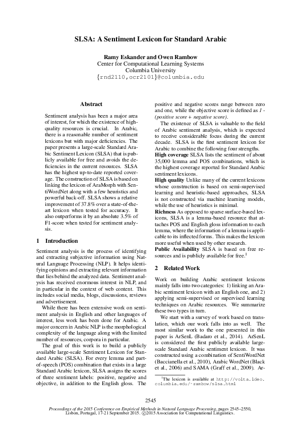 (PDF) SLSA: A Sentiment Lexicon for Standard Arabic