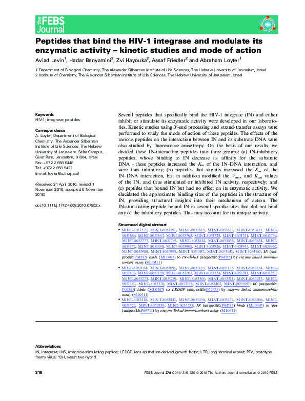 (PDF) Peptides that bind the HIV-1 integrase and modulate its enzymatic ...