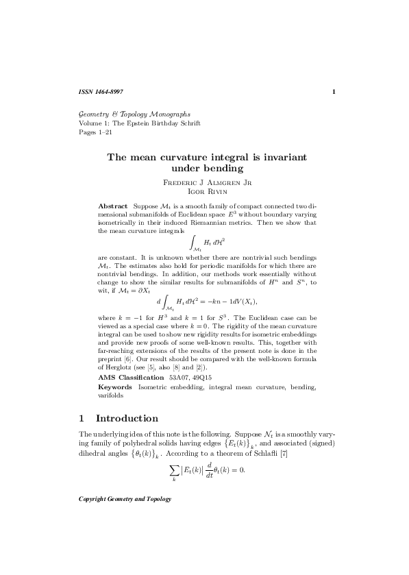 (PDF) The mean curvature integral is invariant under bending