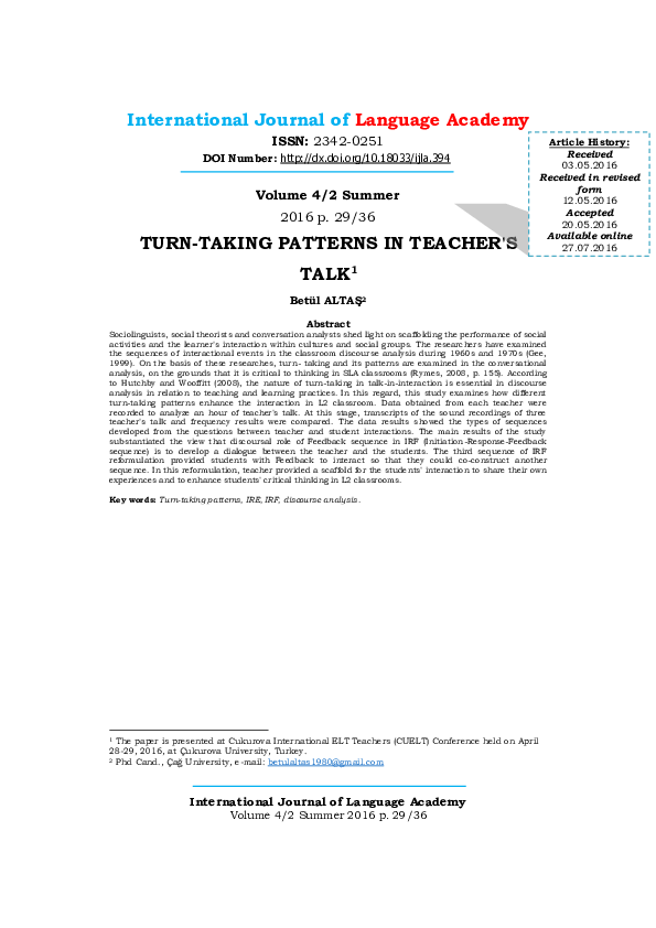 (PDF) Turn-Taking Patterns in Teachers Talk