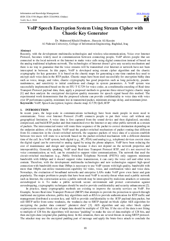 (PDF) VoIP Speech Encryption System Using Stream Cipher with Chaotic ...
