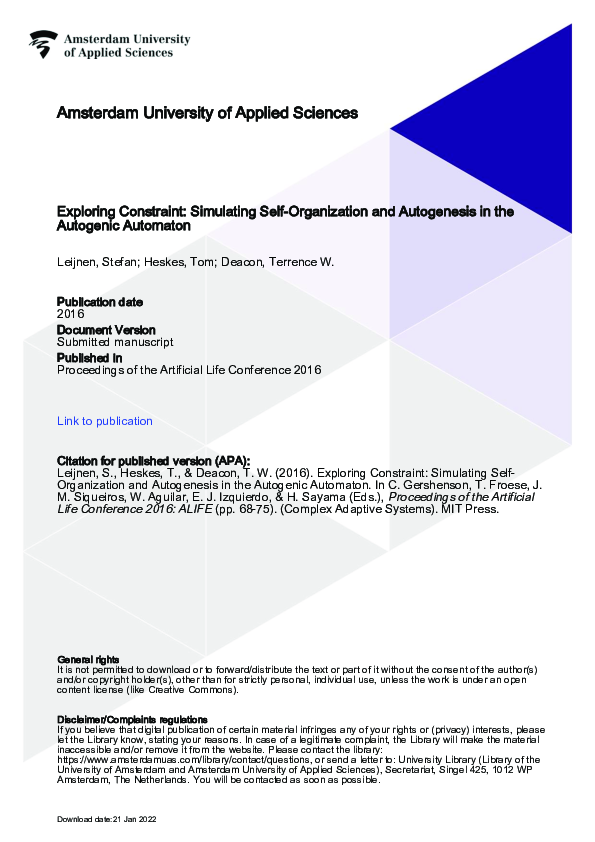 (PDF) Exploring Constraint: Simulating Self-Organization and ...