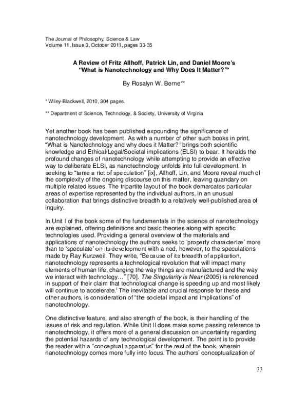 (PDF) A Review of Fritz Allhoff, Patrick Lin, and Daniel Moore’s “What is Nanotechnology and Why