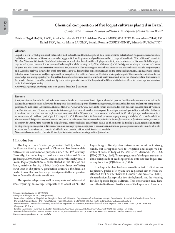 (PDF) Chemical composition of five loquat cultivars planted in Brazil