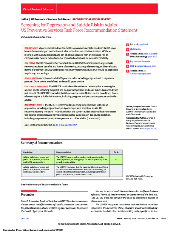 (PDF) Screening for Depression and Suicide Risk in Adults