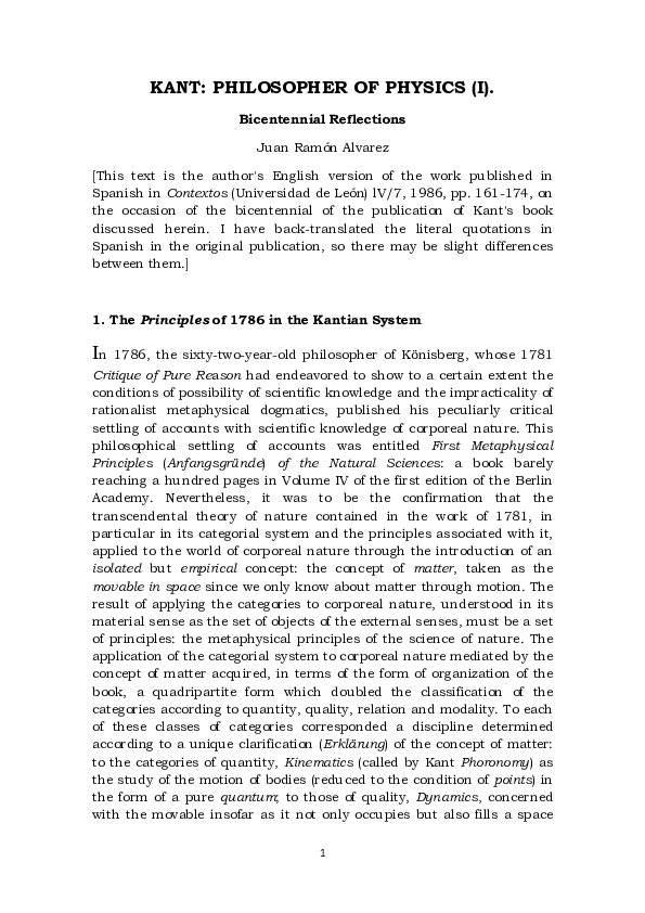 (PDF) KANT: PHILOSOPHER OF PHYSICS (I). Bicentennial Reflections