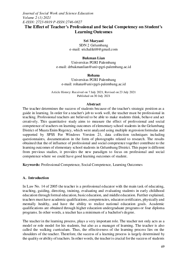 (PDF) The Effect of Teacher’s Professional and Social Competency on ...