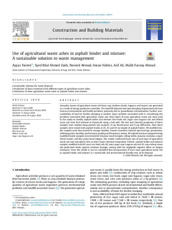 (PDF) Use of agricultural waste ashes in asphalt binder and mixture: A ...