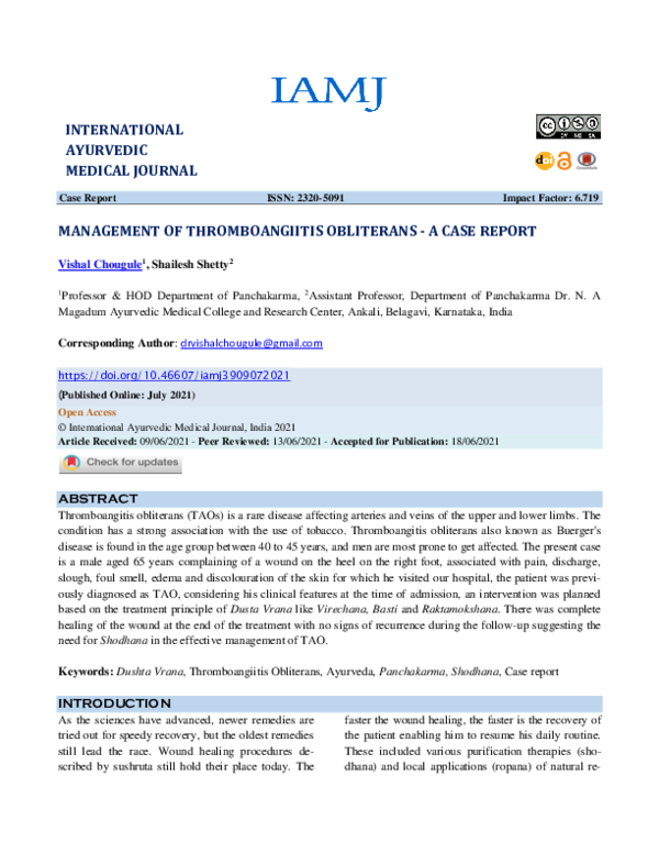 (PDF) Management of Thromboangiitis Obliterans a Case Report Dr