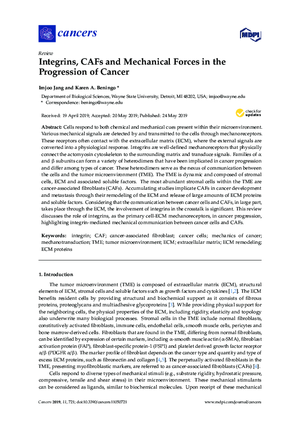 (PDF) Integrins, CAFs and Mechanical Forces in the Progression of Cancer