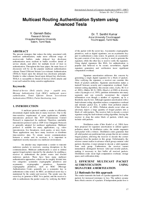 (PDF) Multicast Routing Authentication System using Advanced Tesla