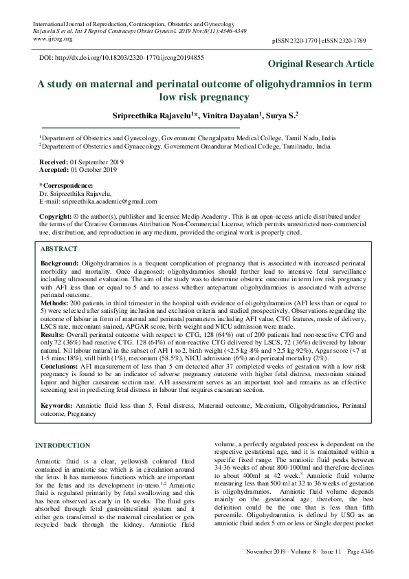 (PDF) A study on maternal and perinatal outcome of oligohydramnios in ...