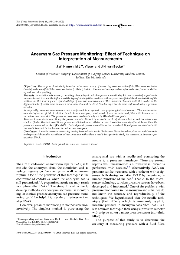 (PDF) Aneurysm Sac Pressure Monitoring: Effect of Technique on ...