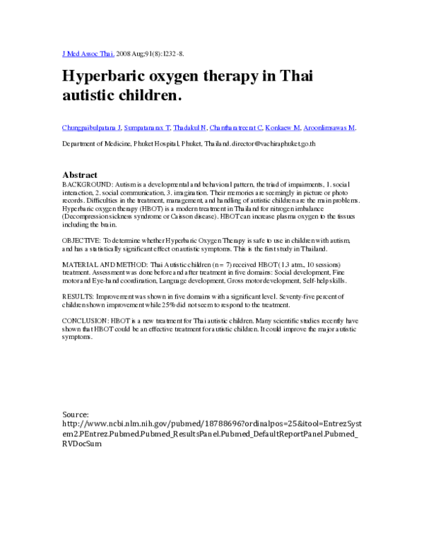 (PDF) Hyperbaric oxygen therapy in Thai autistic children