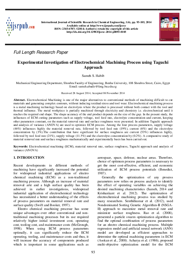 (PDF) Experimental Investigation of Electrochemical Machining Process ...