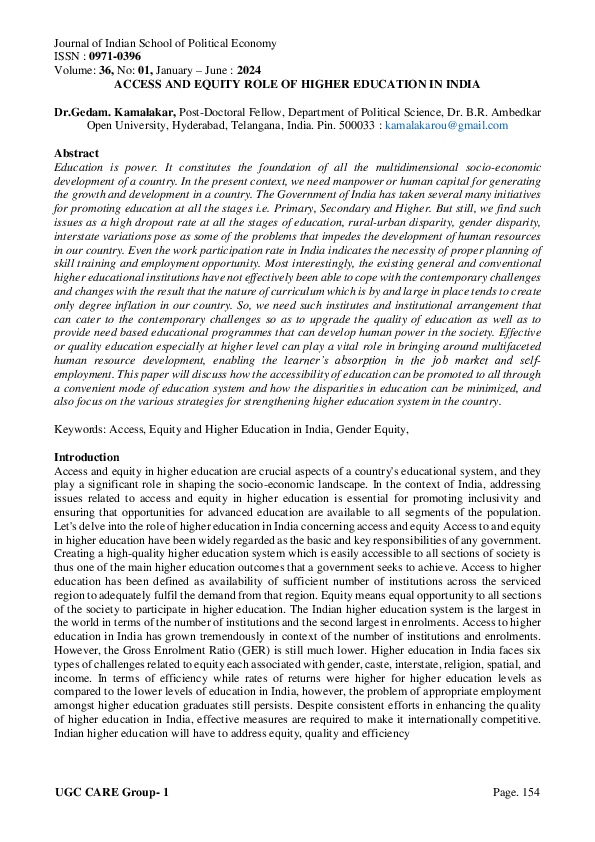 (PDF) ACCESS AND EQUITY ROLE OF HIGHER EDUCATION IN INDIA
