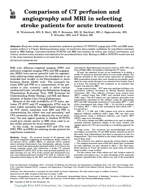 (PDF) Comparison of CT perfusion and angiography and MRI in selecting ...