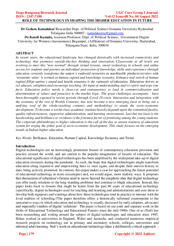 (PDF) ROLE OF TECHNOLOGY IN SHAPING THE HIGHER EDUCATION IN FUTURE