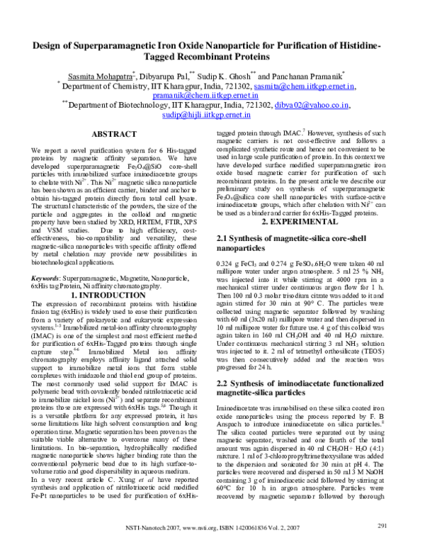 (PDF) Design of Magnetic Nanoparticles for Purification of His-tagged ...