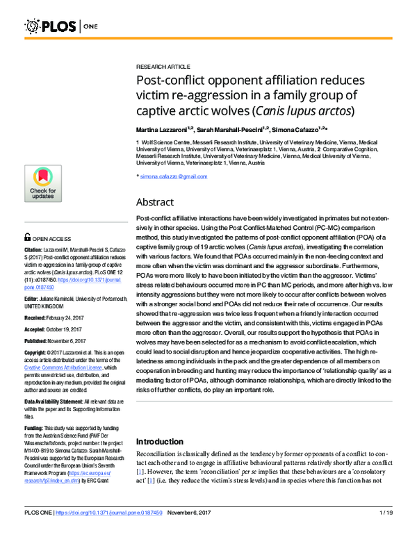 (PDF) Post-conflict opponent affiliation reduces victim re-aggression ...
