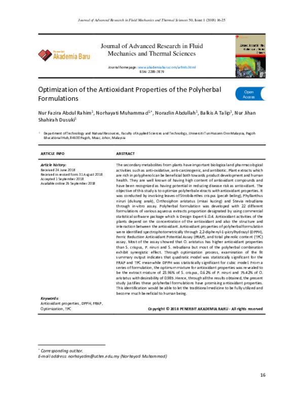 (PDF) Optimization of the Antioxidant Properties of the Polyherbal ...