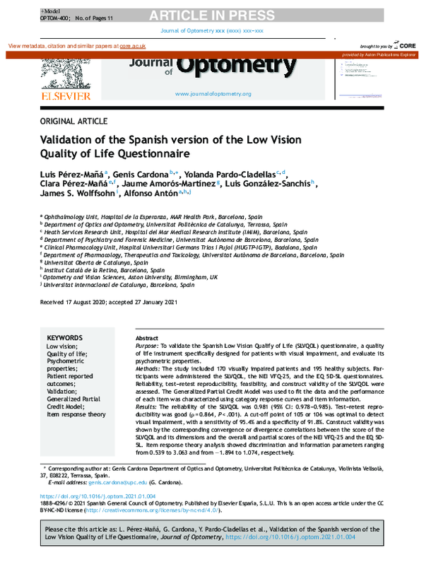 (PDF) Validation of the Spanish version of the Low Vision Quality of ...