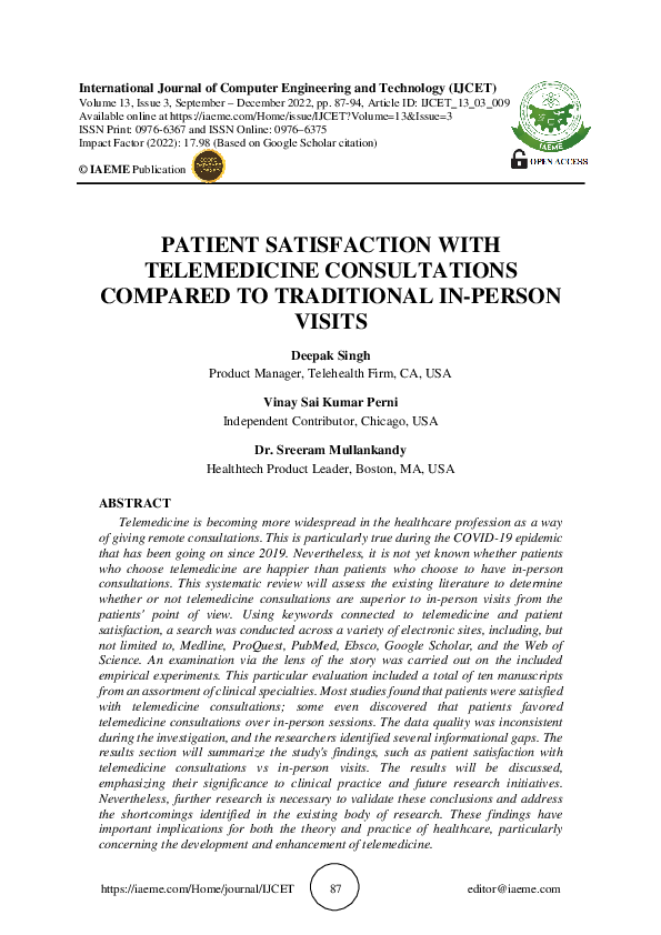 (PDF) PATIENT SATISFACTION WITH TELEMEDICINE CONSULTATIONS COMPARED TO ...