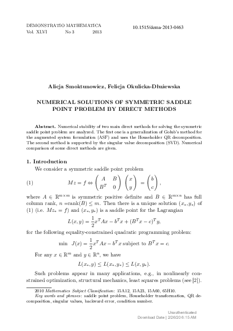 (PDF) Numerical solutions of symmetric saddle point problem by direct ...