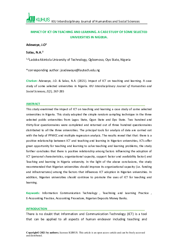 (PDF) IMPACT OF ICT ON TEACHING AND LEARNING. A CASE STUDY OF SOME ...