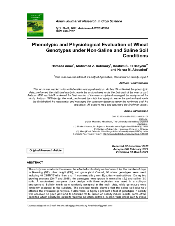 (PDF) Phenotypic and Physiological Evaluation of Wheat Genotypes under ...