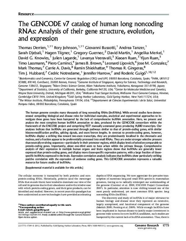 (PDF) The GENCODE v7 catalog of human long noncoding RNAs: Analysis of ...