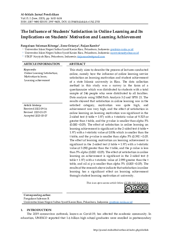 (PDF) The Influence of Students' Satisfaction in Online Learning and ...