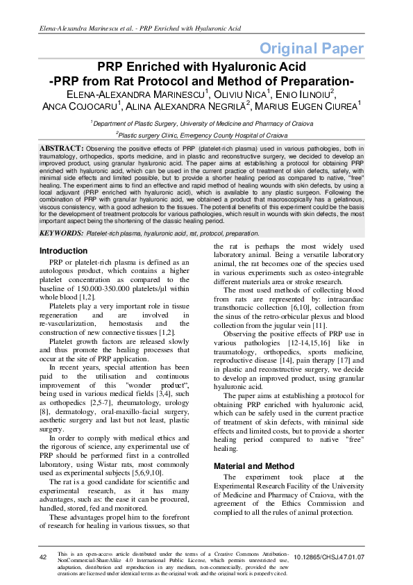 (PDF) PRP Enriched with Hyaluronic Acid -PRP from Rat Protocol and ...