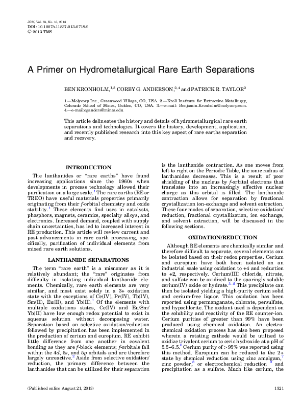 (PDF) A Primer on Hydrometallurgical Rare Earth Separations