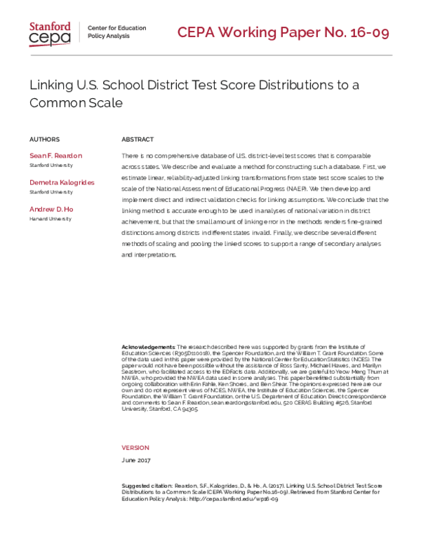 (PDF) Linking U.S. School District Test Score Distributions to a Common ...