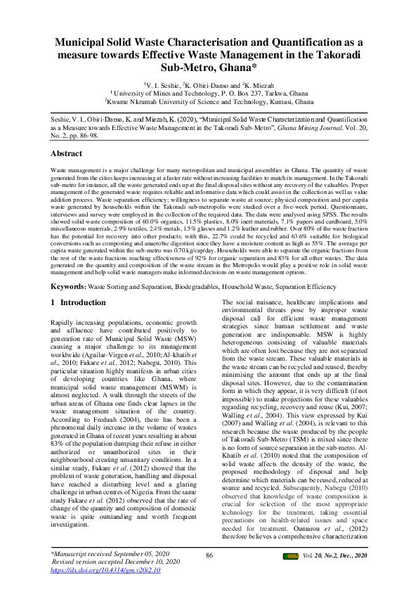 (PDF) Municipal Solid Waste Characterisation and Quantification as a ...
