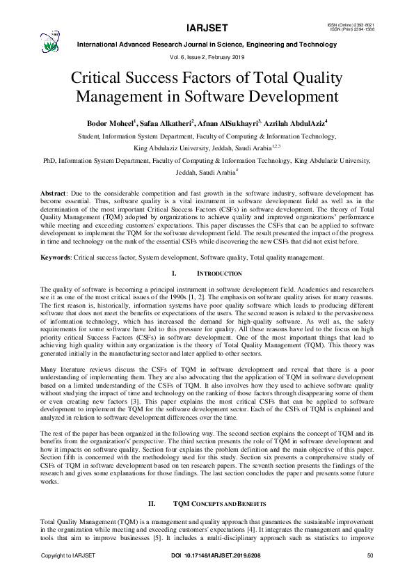 (PDF) Critical Success Factors of Total Quality Management in Software ...