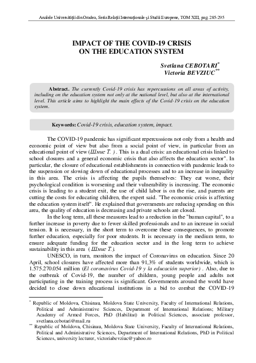 (PDF) Impact of the Covid-19 Crisis on the Education System