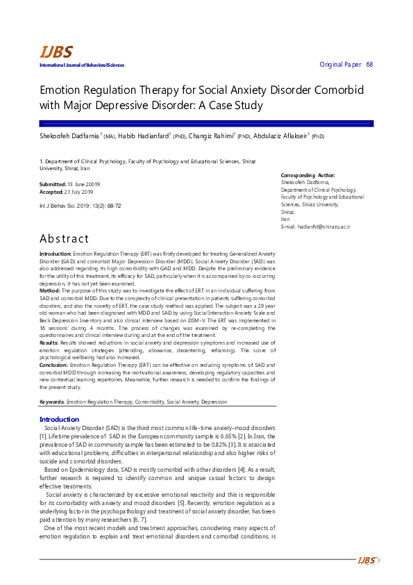 (PDF) Emotion Regulation Therapy for Social Anxiety Disorder Comorbid ...