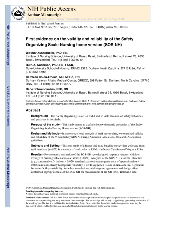 (PDF) First Evidence on the Validity and Reliability of the Safety ...