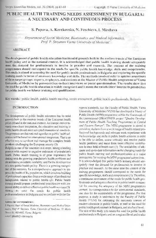 (PDF) Public Health Training Needs Assessment in Bulgaria: A Necessary ...