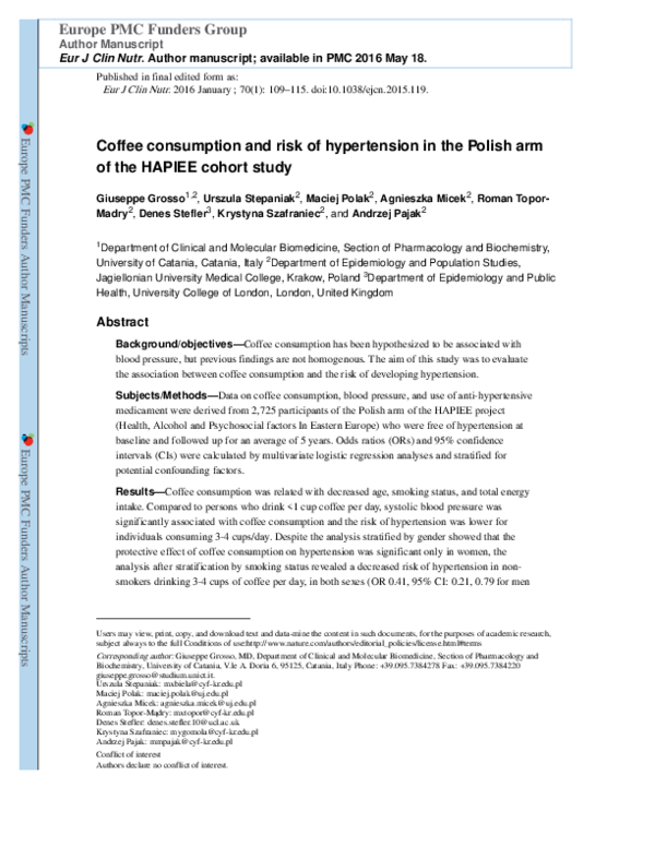 (PDF) Coffee consumption and risk of hypertension in the Polish arm of ...