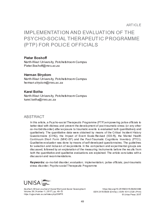 (PDF) Implementation and Evaluation of the Psycho-Social Therapeutic ...