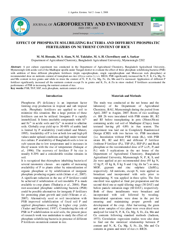 EFFECT OF PHOSPHATE SOLUBILIZING BACTERIA AND DIFFERENT PHOSPHATIC FERTILIZERS ON NUTRIENT CONTENT OF RICE