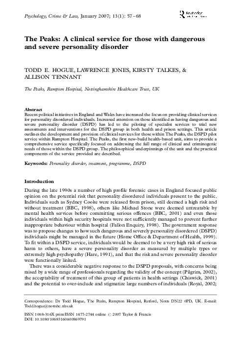 (PDF) The Peaks: A clinical service for those with dangerous and severe ...