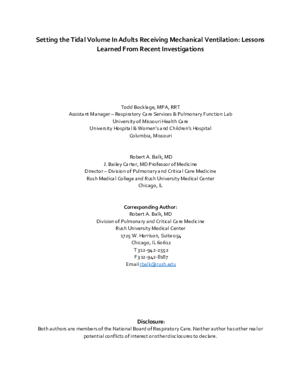 Pdf Setting The Tidal Volume In Adults Receiving Mechanical