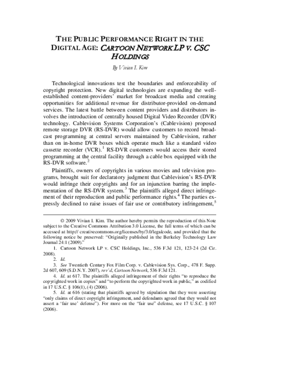 (PDF) The Public Performance Right in the Digital Age: Cartoon Network ...