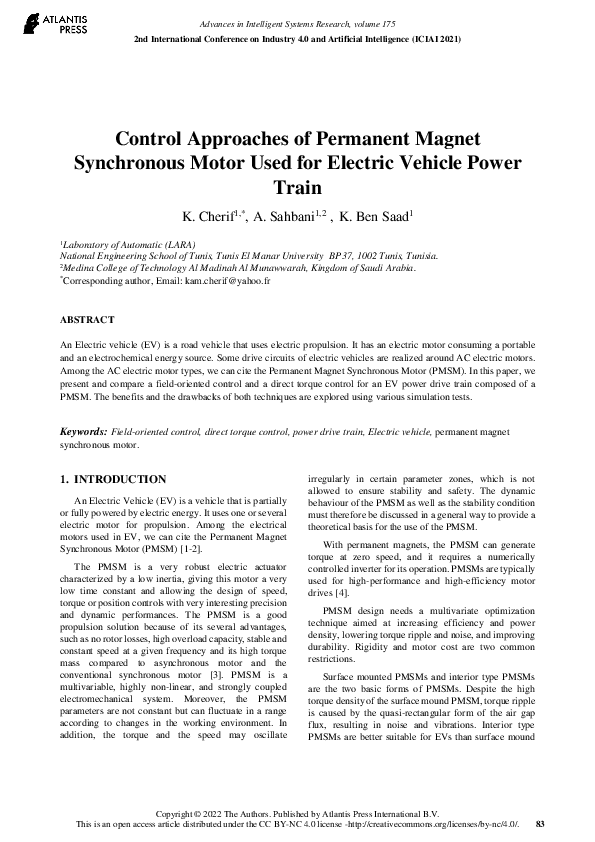 (PDF) Control Approaches of Permanent Magnet Synchronous Motor Used for ...