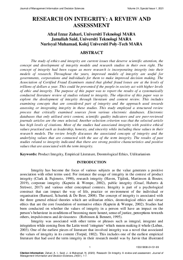 (PDF) Research on Integrity: A Review and Assessment