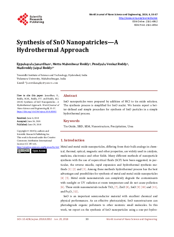 (PDF) Synthesis of SnO Nanopatricles—A Hydrothermal Approach